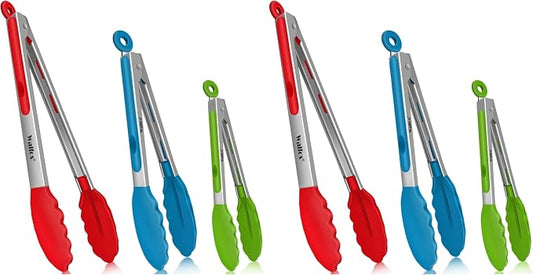 Walfos Silicone Tongs for Cooking - Heat Resistant kitchen tongs for Salad,Cooking, Grilling,Stainless Steel and BPA Free Silicone Tips set of 3 (7" 9" and 12 inch) (Pack of 2)
