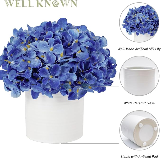 Blue Hydrangea Fake Flowers in Vase, Artificial Flowers with Ceramic Vase, Small Faux Potted Floral Arrangements for Home Bathroom Kitchen Office Coffee Table Wedding Party Centerpiece Decor & Gift
