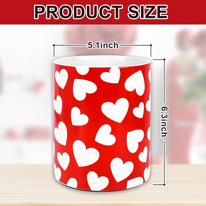 JarThenaAMCS Valentine's Day Ceramic Utensil Holder Red White Heart Utensil Crock for Wedding Home Kitchen Countertop Storage Organizer Container