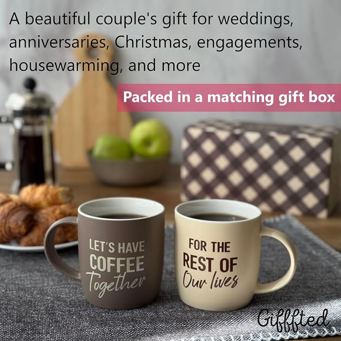 Triple Gifffted Let's Have Coffee Together Coffee Mug Set, Engagement Wedding Gifts for Couple, Bride and Groom Newlywed Bridal Shower, His and Hers, Mr and Mrs, Christmas, Valentine’s, Ceramic 13Oz