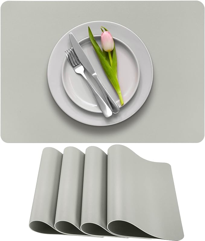 More Décor Faux Leather Placemats Set of 4 for Dining Table – Waterproof, Wipeable, Washable, Stain & Heat Resistant, Non-Slip Table Mats – 12 X 17 Inch, (Solid Silver 4)