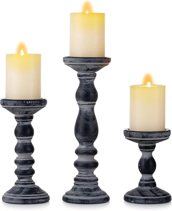 Wooden Pillar Candle Holder: Rustic Black Candle Stand Wood Distressed Candleholders Farmhouse Fall Decor for Christmas Fireplace Mantle Dining Table Living Room Shelf Set of 3