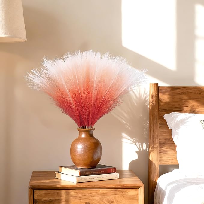TORONTOKYO Burnt Orange Pampas Grass Fall Decor, 50Pcs 21.6 inch Artificial Faux Pompas Grass Small Fluffy Arrangement for Wedding Boho Home Autumn Decor Vase Filler