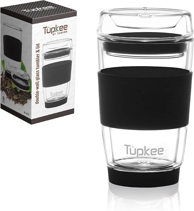 Double Wall All Glass Tumbler - 8-Ounce, Reusable Insulated Tea/Coffee Mug & Lid, Hand Blown Glass Travel Mug - Black - 2 Pack