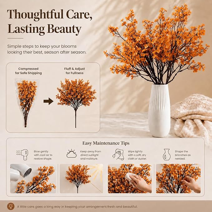 Mandy's Orange Artificial Baby’s Breath Flowers 6 Bundles Silk Gypsophila, 18.5 Inch European Style Modern Home Decor Centerpiece, Neutral Wedding Flower Arrangements