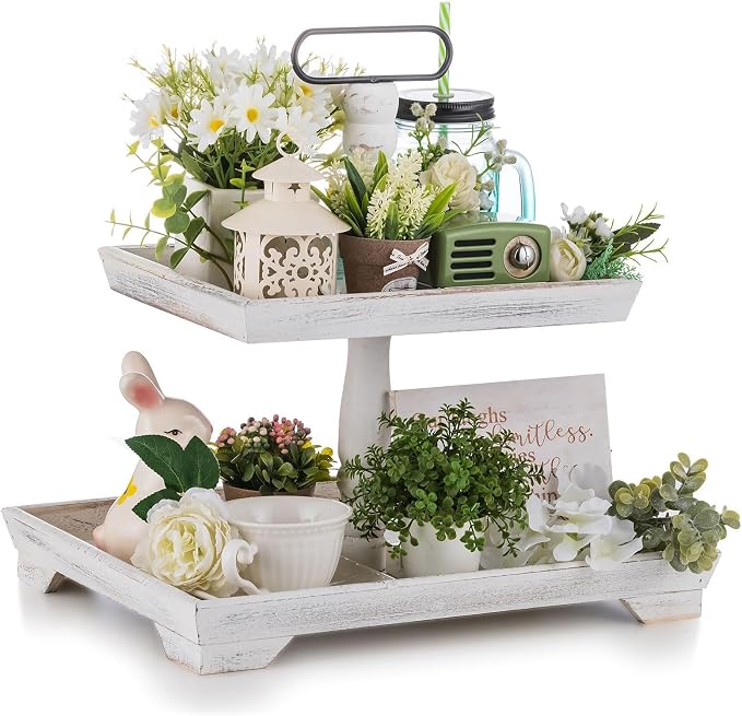 Hanobe 2 Tiered Decorative Tray Stand for Coffee Table Decor | Farmhouse Large White Wood Display Stands for Kitchen Counter Decorations