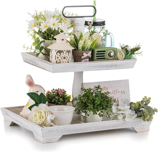 Hanobe 2 Tiered Decorative Tray Stand for Coffee Table Decor | Farmhouse Large White Wood Display Stands for Kitchen Counter Decorations