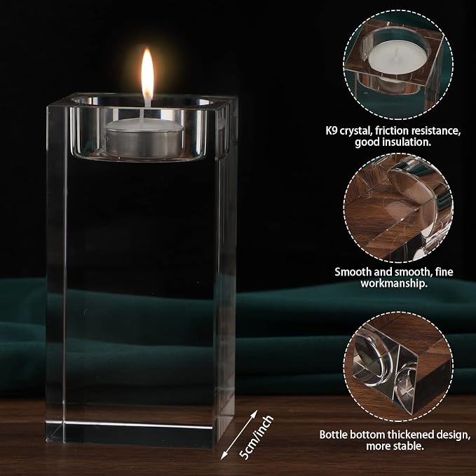 12 Pcs Crystal Tea Light Candle Holders Glass Votive Candle Stands Square Candlestick Holders for Wedding Dining Living Room Centerpiece Decorations, 1.57", 3.15", 3.94"