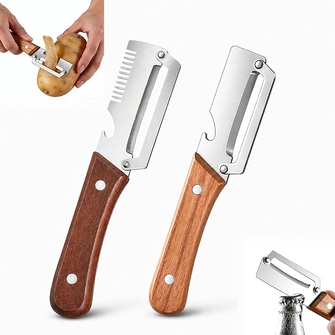 2 PCS Multifunctional Vegetable Peelers for Kitchen, 2026 Upgraded Stainless Steel Peeler with Bottle Opener, Wooden Handle,Julienne Cutter, 2-in-1 Non-Slip Kitchen Tool for Potato, Carrot, Fruits