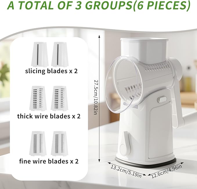 Rotary Cheese Grater for Kitchen, 3-in-1 Manual Vegetable Slicer & Shredder with 3 Stainless Steel Blades, Strong Suction Base Hand Crank Mandoline Food Processor for Cheese, Potato, Nut