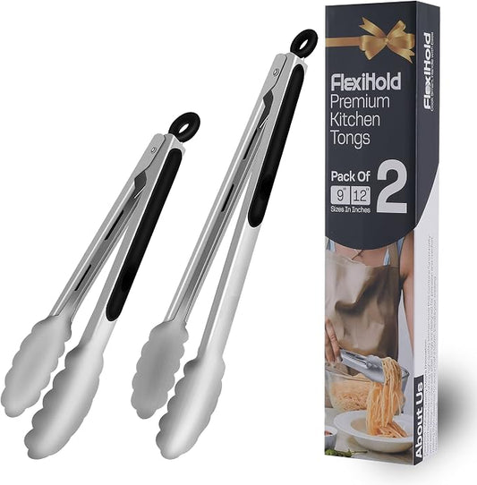 Stainless Steel Kitchen Tongs with Silicone Tips,Stainless Steel Tongs for Cooking, Grilling, BBQ & Serving, Grill Tongs, Non-Stick and Dishwasher Safe (Pack of 2 Black & Silver)