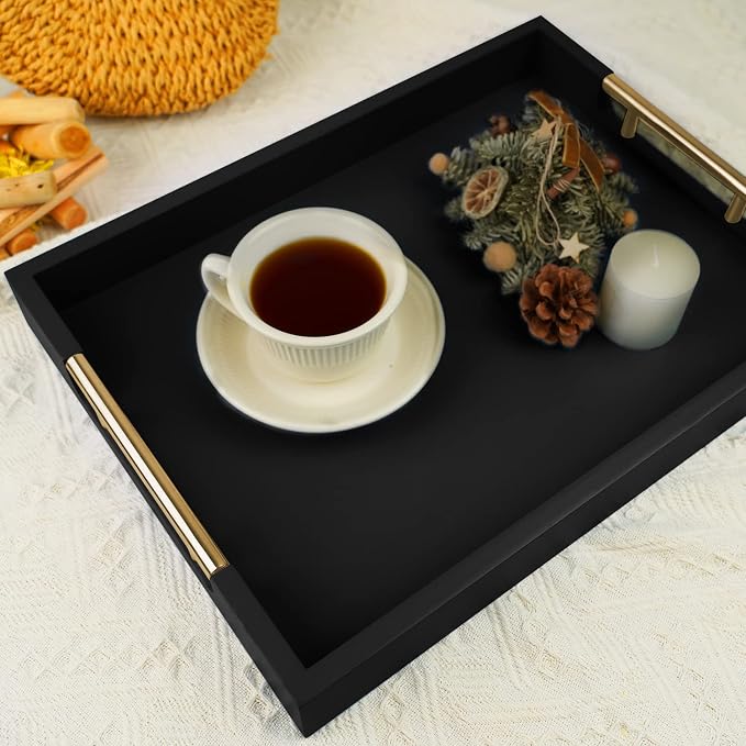Wooden Decorative Coffee Table Tray, 16" Matte Finish Serving Tray with Handles for Ottoman, Living Room, Perfume, Vanity Dresser Organizer (Carbon Black)