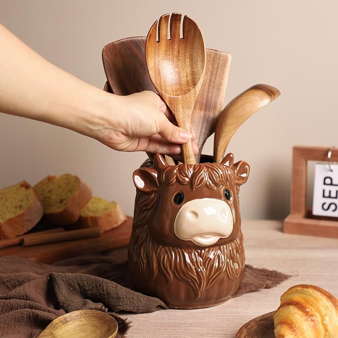 Ceramic Highland Cattle Kitchen Utensil Holder, Large Cooking Utensil Crocks for Countertop, Utensil Organizer