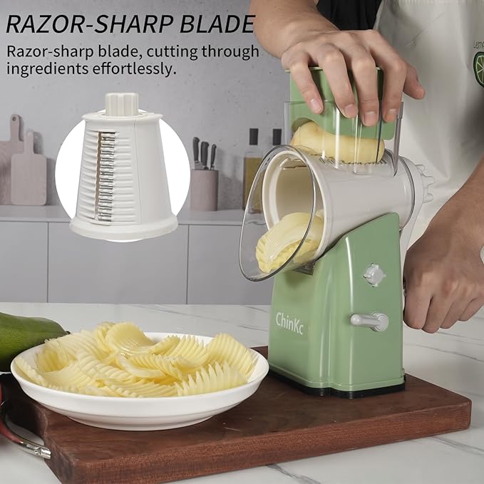 Upgrade Rotary Cheese Grater Shredder with Handle, Strong Suction Base, Multi-purpose Rotary Grater Slicer with 5 Interchangeable Blades for Ice, Vegetables, Fruit, Nuts with Blade Storage Box
