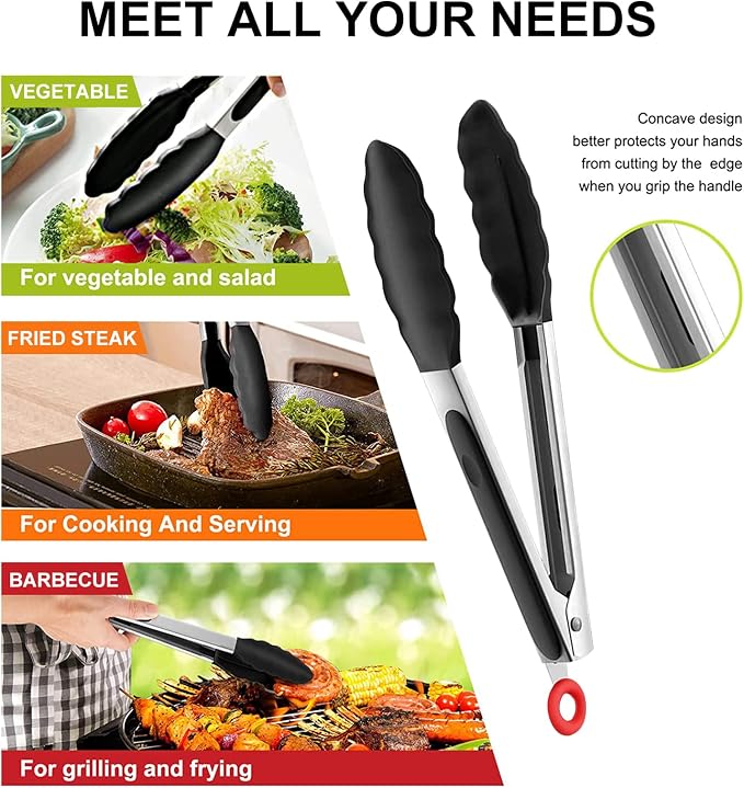 Tenta Tongs 7 Inch Silicone Mini Tongs (3pcs) for Cooking, Grilling, Turning