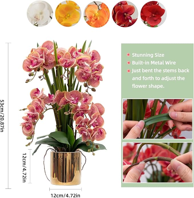 CXGS Artificial Orchid Flower Plants Real Touch Faux Orchids in Ceramic Vase 20.9'' Purple Dapple Phalaenopsis Orchid Fake Flower Arrangement Home Indoor Decor