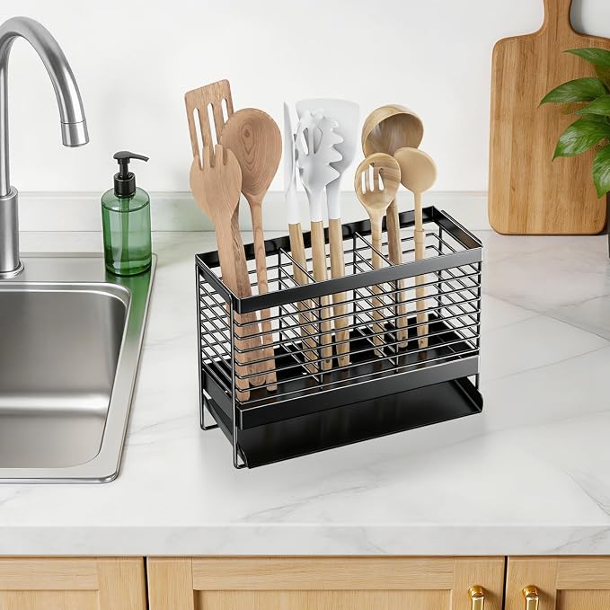 Utensil Holder, Upgrade Stainless Steel Utensil Drying Rack with Automatic Drain Tray for Kitchen Counter, Silverware Cutlery Organizer for Spoons, Forks, Knifes, Chopsticks (Black)