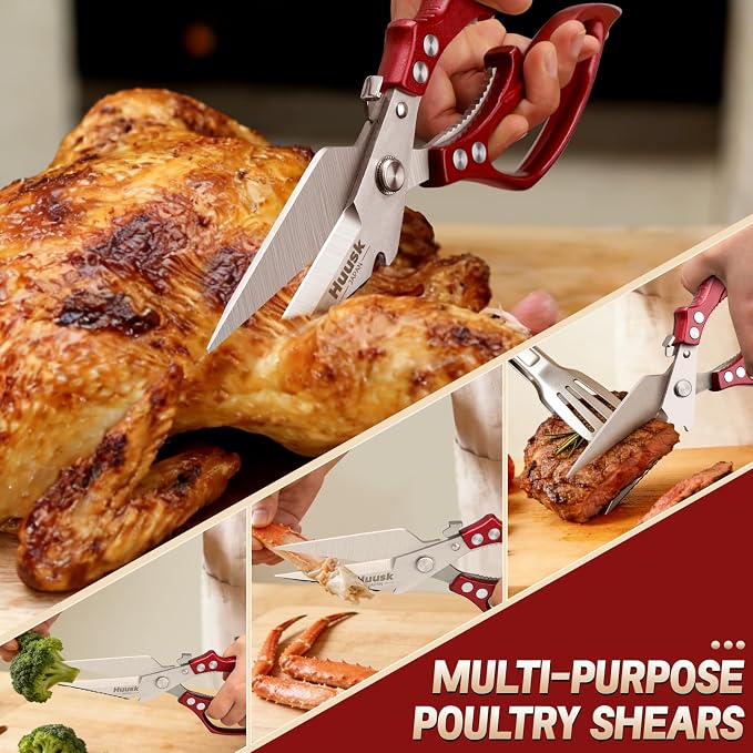 Huusk Kitchen Scissors Heavy Duty – All Purpose Poultry Shears for Chicken, Meat, Fish, Vegetables & Pizza, Japanese Kitchen Shears with Ergonomic Non-Slip Red Handle, Gifts for Women Men