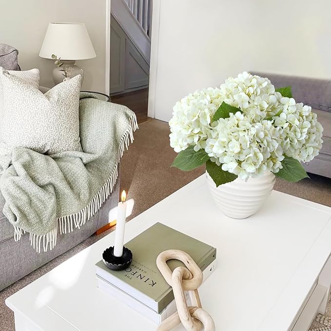 JINWOE White Flowers Hydrangea Artificial Flowers, 4Pcs 20" Real Touch Lifelike Faux Silk Flowers, Full Fake Artificial Hydrangeas with Stems for Bouquet Table Centerpieces Spring Home Decoration