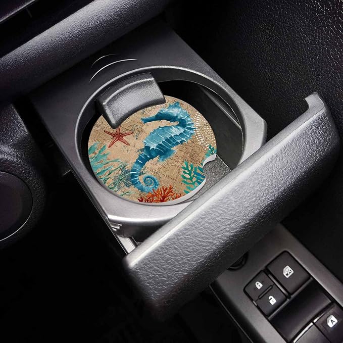 Small Car Coasters for Cup Holders 2.65" Absorbent 6 Pack Car Coaster Ceramic Stone for Drinks Absorb Water Drops Nautical Theme Sea Life Seahorse Starfish and Seaweed