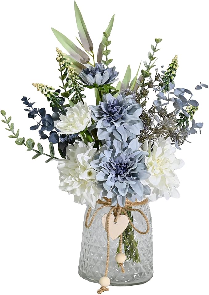 Artificial Flowers with Vase, Faux Dahlia Flower Arrangement in Glass Vase, Blue and White Silk Flowers with Eucalyptus for Home Office Kitchen Dining Table Centerpiece Decor