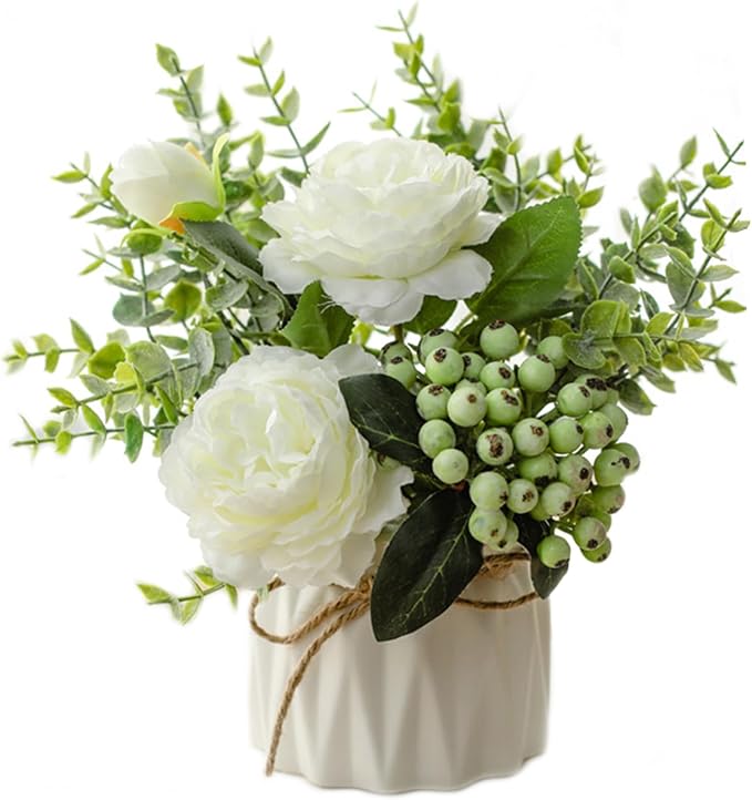 EOBTAIN Fake Flowers in Vase for Coffee Table Decor Faux Potted White Silk Flowers Decoration for Indoor Ceramic Vase with Artificial Plants Flowers Home Decor,Dining Table Centerpiece.