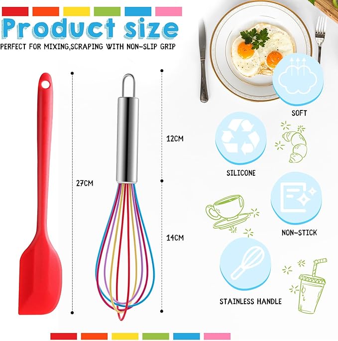 Baderke 24 Pcs Small Silicone Spatula and Whisks Set Bulk for Cooking Mini Whisk Spatula Non Stick Flexible Kitchen Baking Mixing Tool Cookware for Cooking Party Favor Gift Supplies (10 Inch)