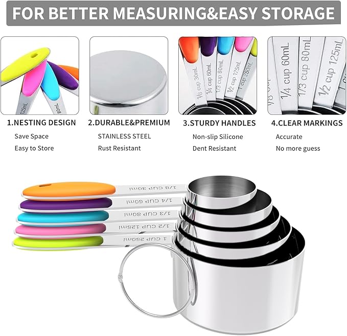 TILUCK Measuring Cups and Spoons Set, Stainless Steel, Kitchen Utensils for Cooking and Baking (10)