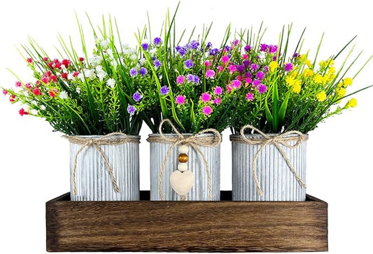 CALAVAK Decorative Centerpiece Wooden Tray with 3 Metal Potted Artificial Babys Breath Gypsophila Plant Flowers Rustic Country Farmhouse Décor for Dining Room, Living Room and Kitchen Table