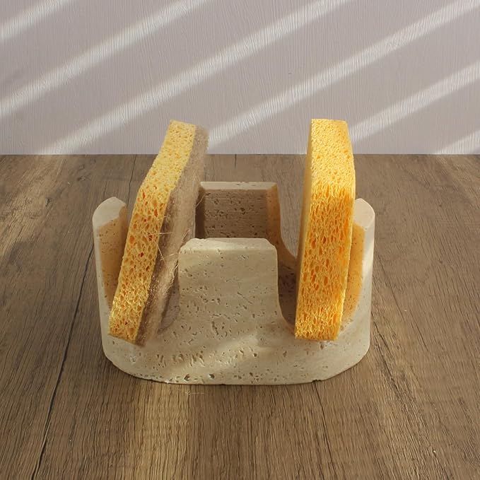 Natust 2-in-1 Travertine Sponge Holder for Kitchen Sink - Heavy Duty Natural Stone Sink Caddy, 2-Slot Scrubber Organizer for Scrub Daddy, Soap Tray with Anti-Slip Pads, Housewarming Gift, Beige