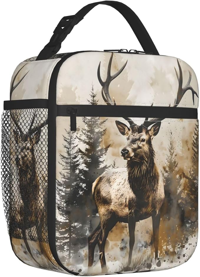 Reusable Deer Lunch Box for Kids Girls Boys Women Adult, Insulated Forest Woodland Rustic Watercolor Lunch Bag,Polyester Cooler Handbags Case for School Picnic Work Travel Beach or Hiking