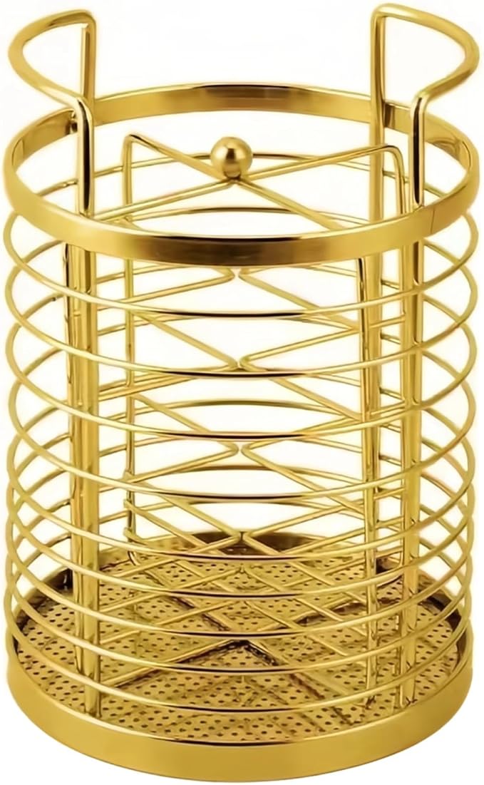 Rotating Kitchen Utensil Holder, Golden Stainless Steel Mesh Cutlery Drainer, Organizer with Dividers, Countertop Storage Basket