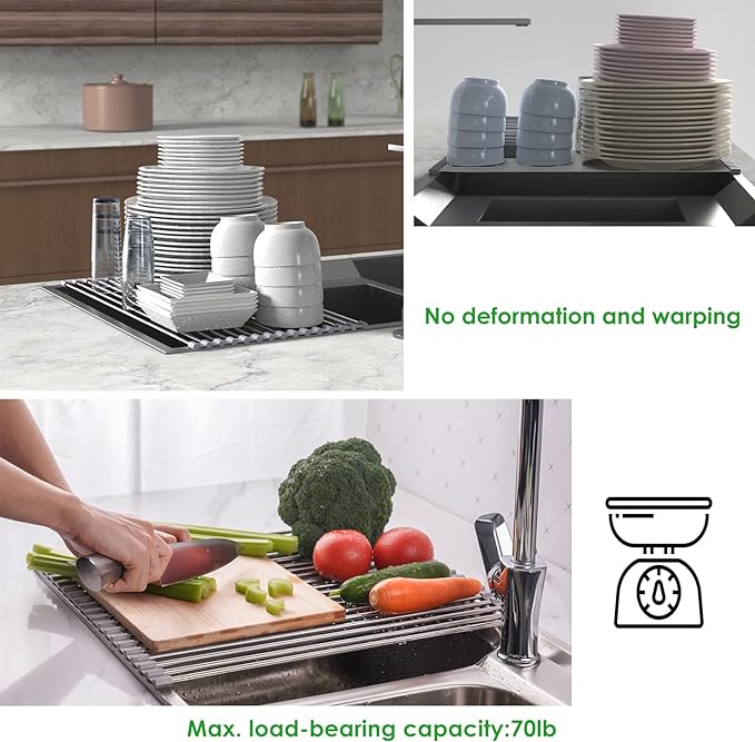 Tomorotec Roll Up Dish Drying Rack Over the Sink Grey Large Dish Drying Rack Rolling Foldable Collapsible SUS304 Stainless Steel Multipurpose Dish Drainer for Kitchen Counter (21”x11.8”)