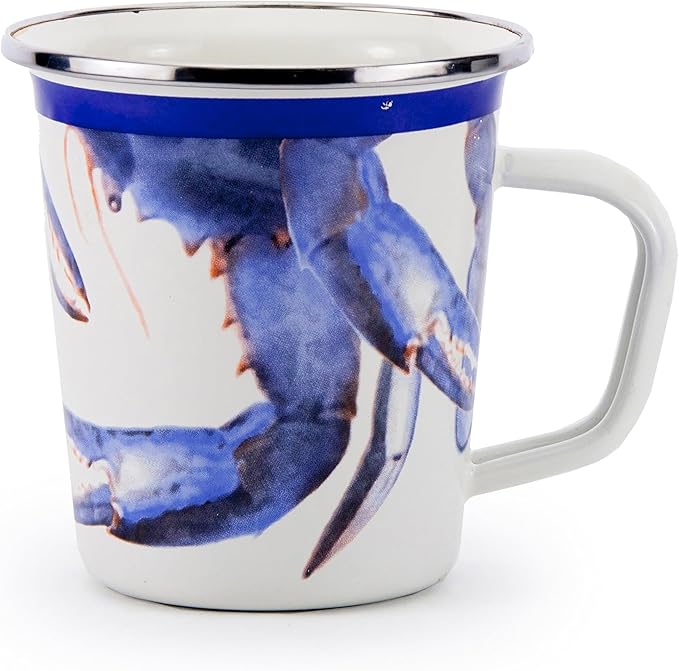 Golden Rabbit Enamelware Latte Coffee or Tea Mugs, 16 ounce, Blue Crab, Set of 4