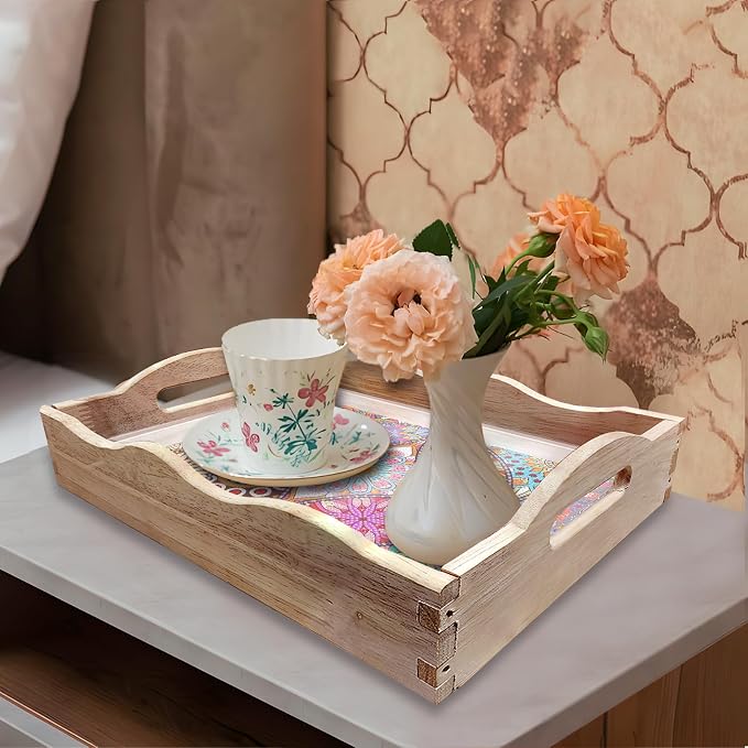Generic DIY Diamond Serving Tray Rectangular Upgrade Increase Breakfast Tray with Handles Handmade Diamond Art Painting Wooden Tray Dinner Plate for Coffee Living Room Home Organizer-Mandala01