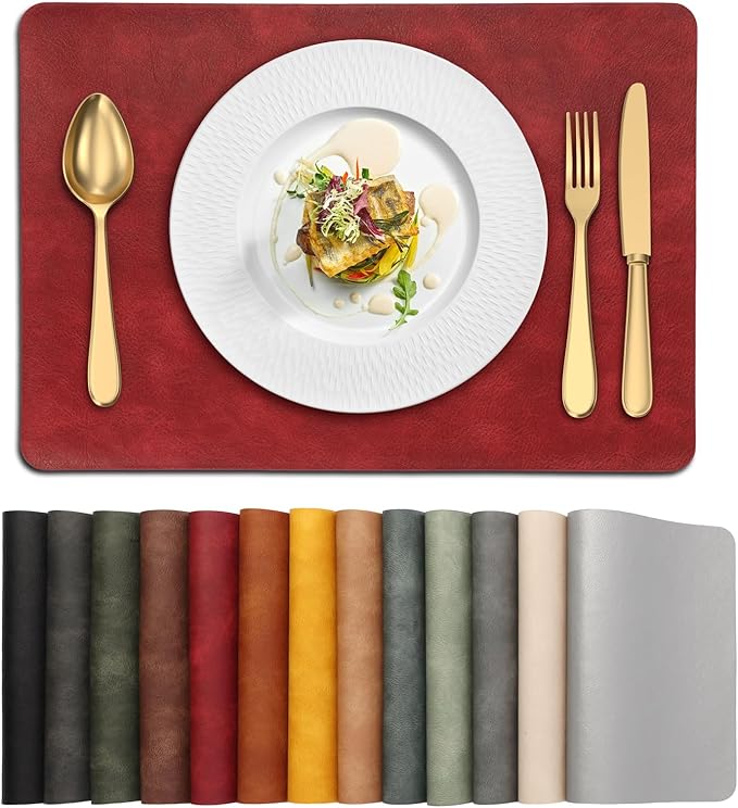 UnivoColors Placemats,Heat Resistant Placemats Set of 4 Washable 12 x 17 Inch,Waterproof Table Mats,Wipeable Pu Place Mats for Kitchen,Dining Room.Red