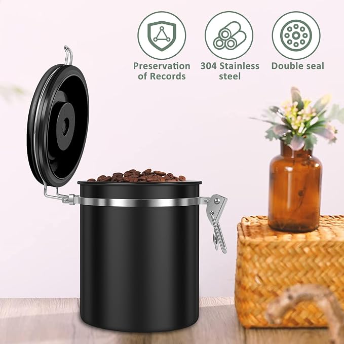 2PCS Coffee Bean Storage Container Set , 1.5L 51oz Airtight Stainless Steel Coffee Canister with Scoop & Date Tracker, Coffee Grounds Container for Coffee Bar, Tea, Sugar, for Coffee Lovers, Black