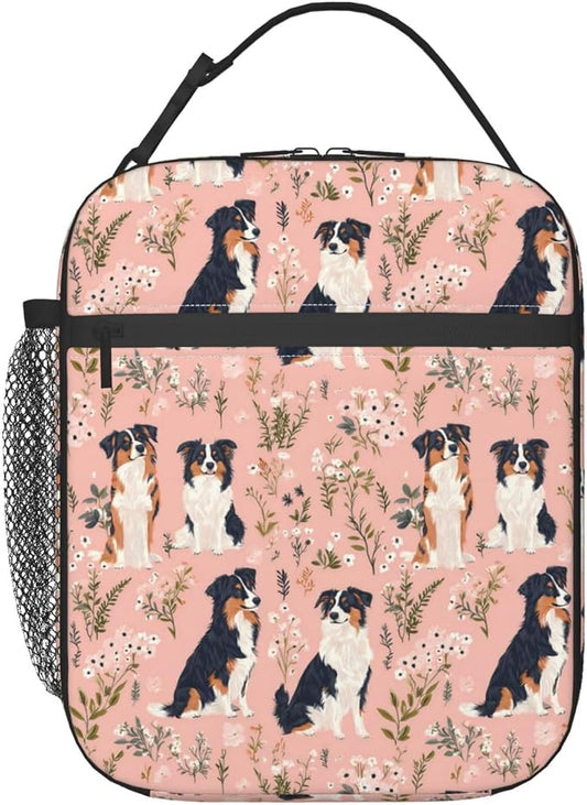 Reusable Australian Shepherd Lunch Box for Kids Girls Boys Women Adult, Insulated Cute Floral Dog Pink Lunch Bag,Polyester Cooler Handbags Case for School Picnic Work Travel Beach or Hiking
