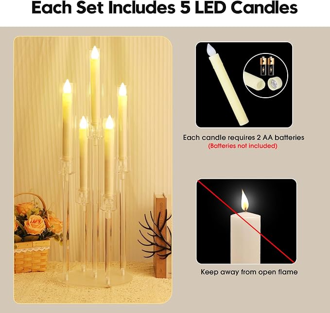 5 Arms Acrylic Candelabra Centerpieces for Tables, 27" Clear Candle Holder for Wedding Dinner Party and Home Decor,Candlesticks Holder with LED Candles