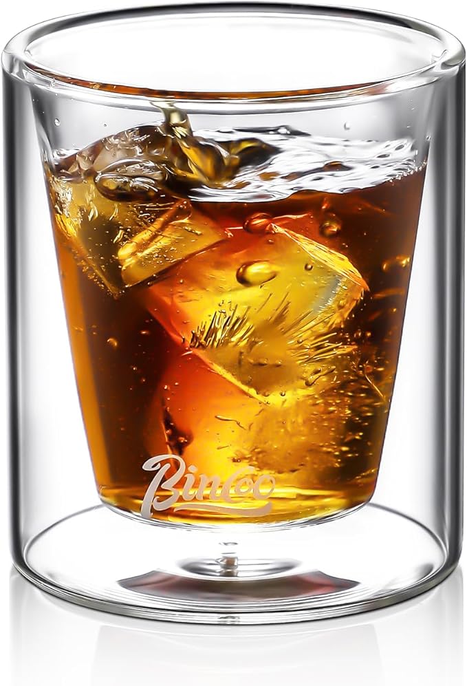 Bincoo Double Wall Glasses - 120ML Clear Insulated Coffee Drinking Glass for Hot and Cold Liquids, Whiskey, Bourbon, Vodka, and Scotch Borosilicate Clear Glass