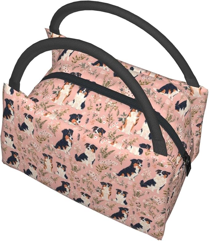 Australian Shepherd Insulated Lunch Box for Girls Pet Lovers,Reusable Tote Bag with Cute Dog and Floral Pink,Portable Lunchbox Handbag,Makeup Bags Organizer Gifts for Work Office,11x6.3x6.7in
