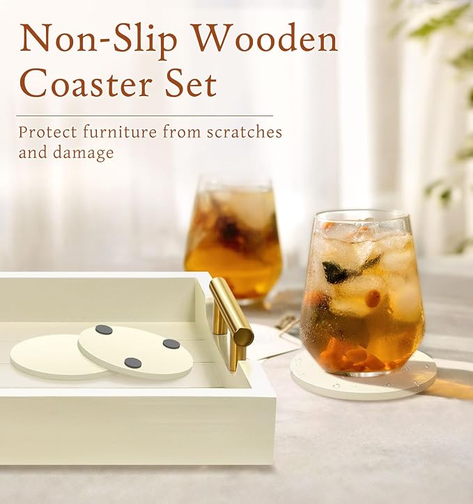 SXNOWS Ottoman Tray for Coffee Table & Couch, Large Wooden Serving Tray with 2 Set of Handles - Modern Farmhouse Rectangle Decorative Tray for Living Room Kitchen Includes 4 Coasters, Off-White/Cream