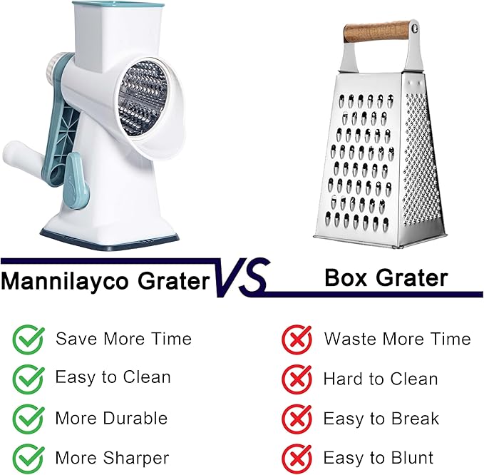 White Rotary Cheese Grater with Suction Base, Hand Crank Cheese Grater for Hard Cheese, Vegetables，Nuts, 3 Stainless Steel Drum Blades, Easy Clean Kitchen Gadget