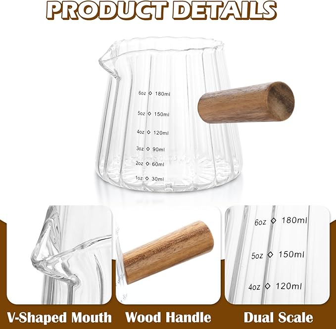2 PCS Espresso Shot Glass with 2PCS Coffee Measuring Spoons, Single Spout Glass Measuring Cup with Wood Handle, Espresso Shot Cups with Dual Scale, Espresso Accessories for Coffee Milk (6.0oz, 2.5oz)