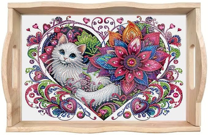 DIY Diamond Serving Tray Rectangular Breakfast Tray with Handle Handmade Diamond Art Painting Wooden Tray for Dinner Plate Coffee Room Living Home Organizer-Cat01