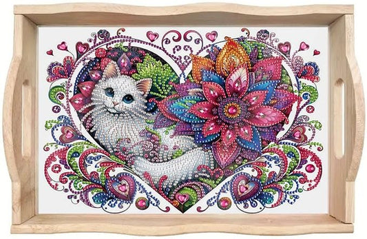 DIY Diamond Serving Tray Rectangular Breakfast Tray with Handle Handmade Diamond Art Painting Wooden Tray for Dinner Plate Coffee Room Living Home Organizer-Cat01