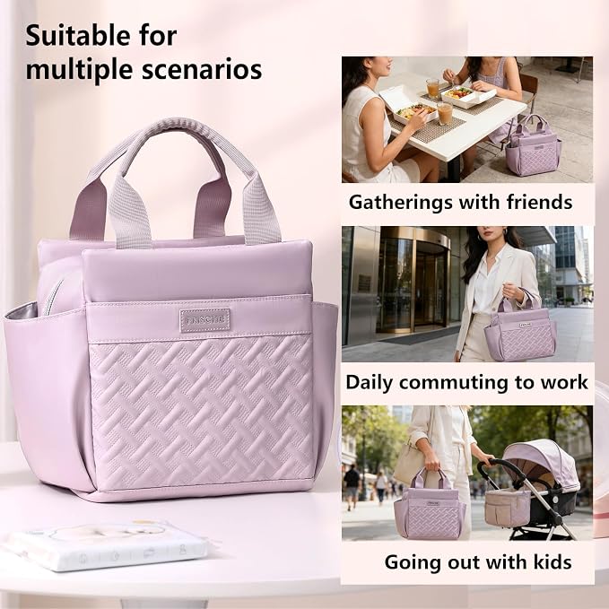 Lunch Bag for Women,Reusable Insulated Lunch Box Large Capacity Lunch Tote Bags with Side Pockets and Bottle Holder for Work or Travel (PURPLE)