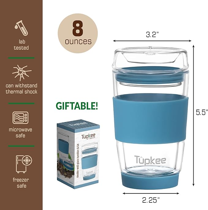 Double Wall Glass Tumbler - 8-Ounce, All Glass Hand Blown Reusable Insulated Tea/Coffee Mug & Lid, Travel Mug - Niagara