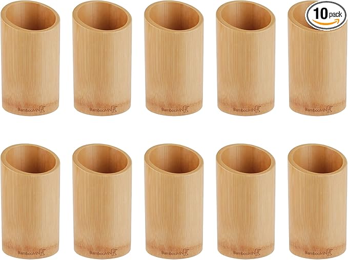 BambooMN Bamboo Kitchen Utensil Holder for Countertop, Utensil Crock for Cooking Utensils - 7" x 4" - Carbonized Brown - 10 Pieces