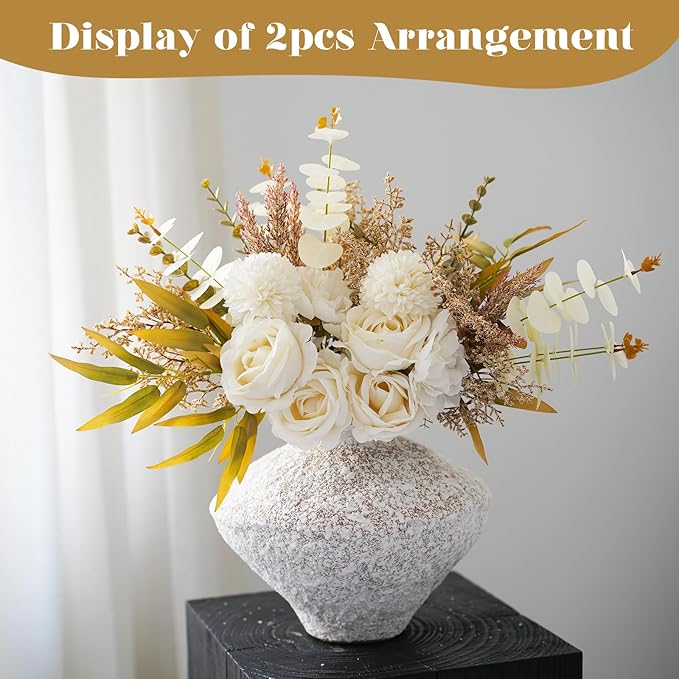 Artificial Flowers Bouquet - Faux Silk Flowers Centerpiece, Realistic Fake Flowers Plants for Home Decor Dining Table, Indoor Vase, Wedding Bouquet Arrangements (White)